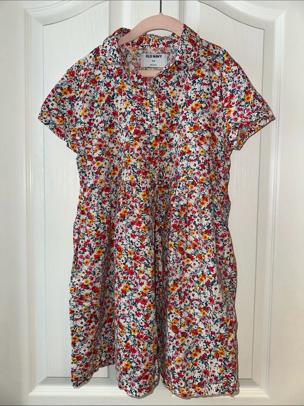 Old Navy White Floral Short-Sleeve Collared Dress with Red & Yellow Flowers